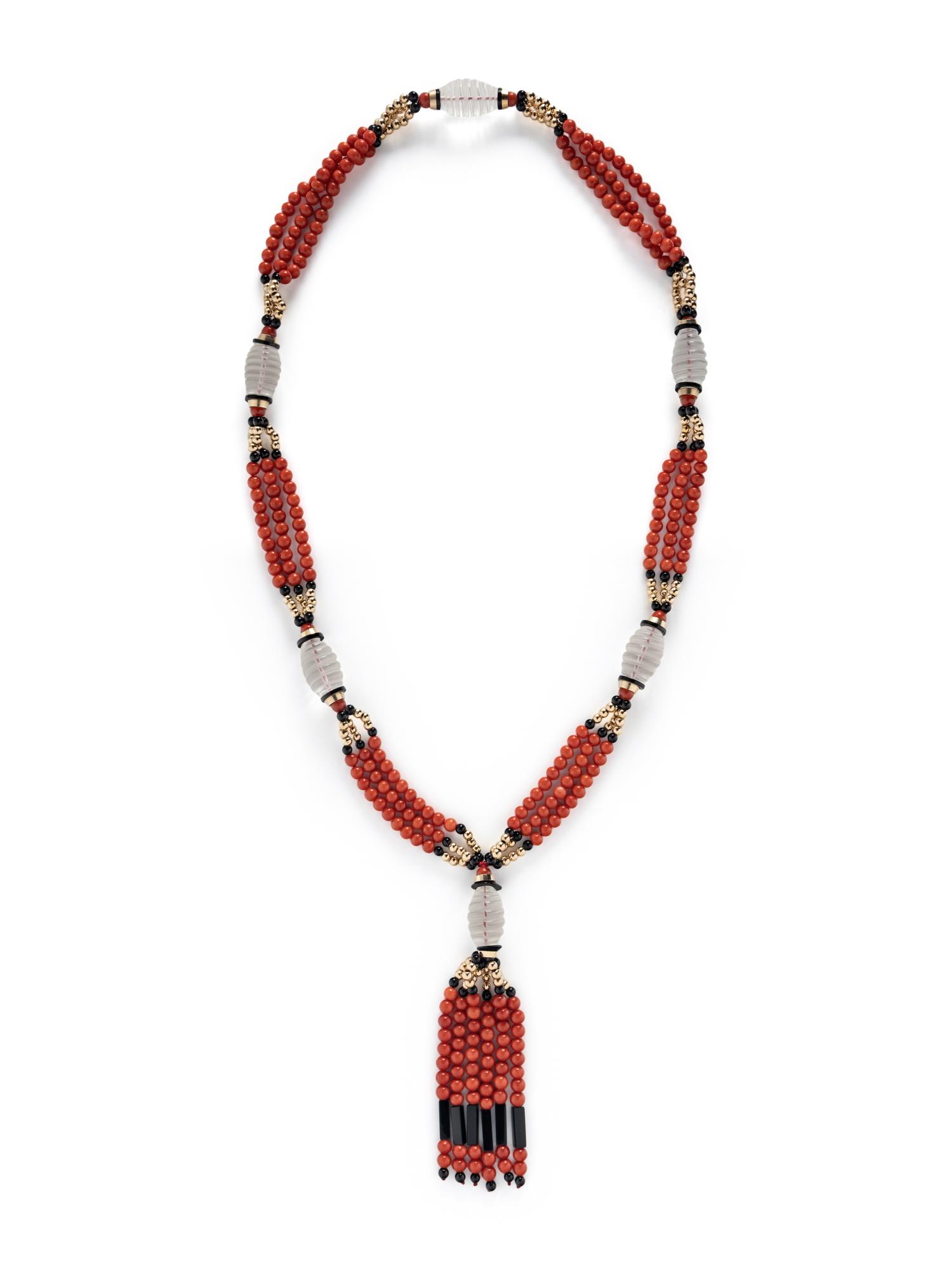 CORAL, BLACK ONYX, ROCK CRYSTAL QUARTZ, AND YELLOW GOLD TASSEL NECKLACE