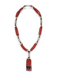 CORAL, BLACK ONYX, ROCK CRYSTAL QUARTZ, AND YELLOW GOLD TASSEL NECKLACE