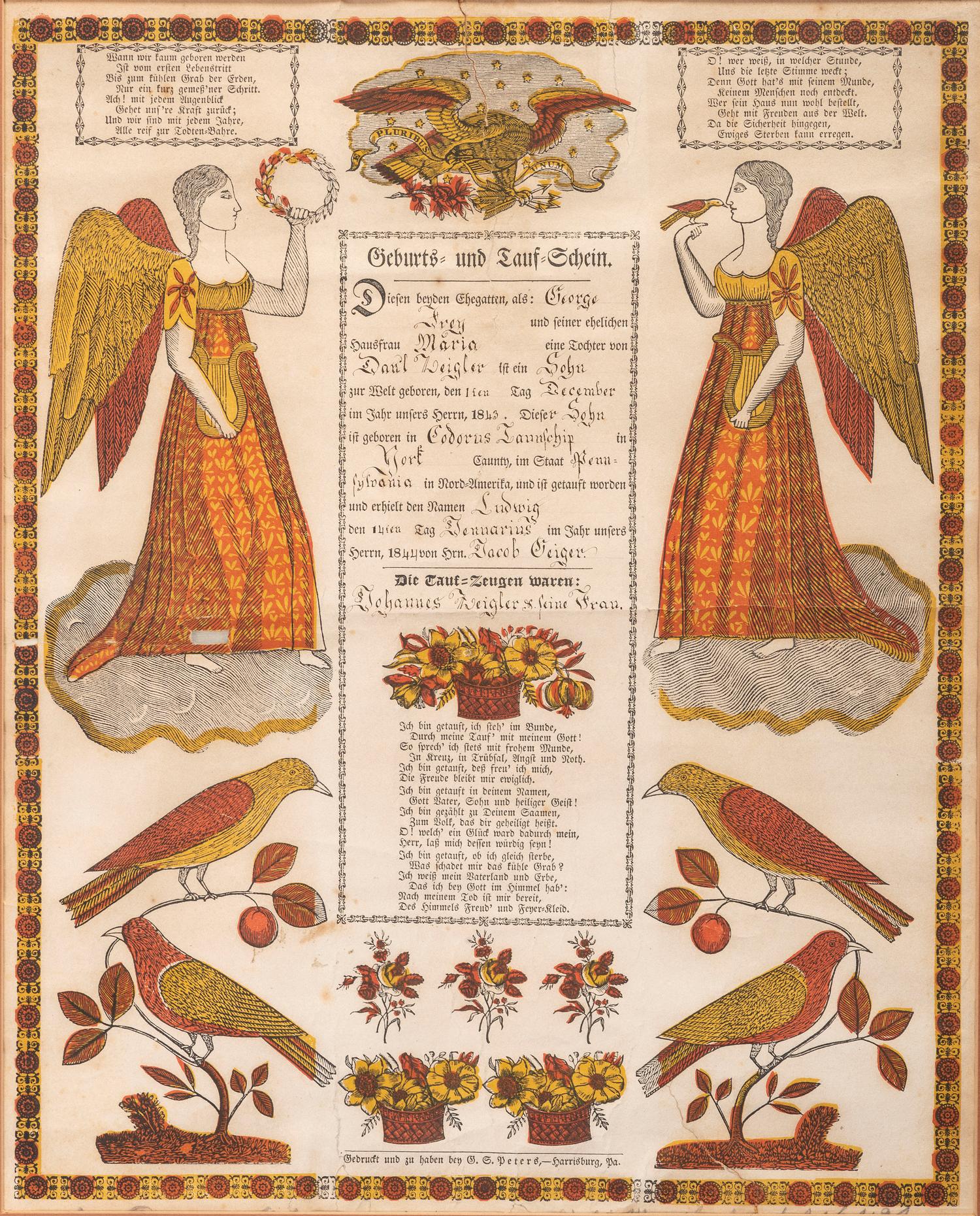 A Partially Printed and Watercolor Decorated Birth and Baptism Fractur Identified to George Frey