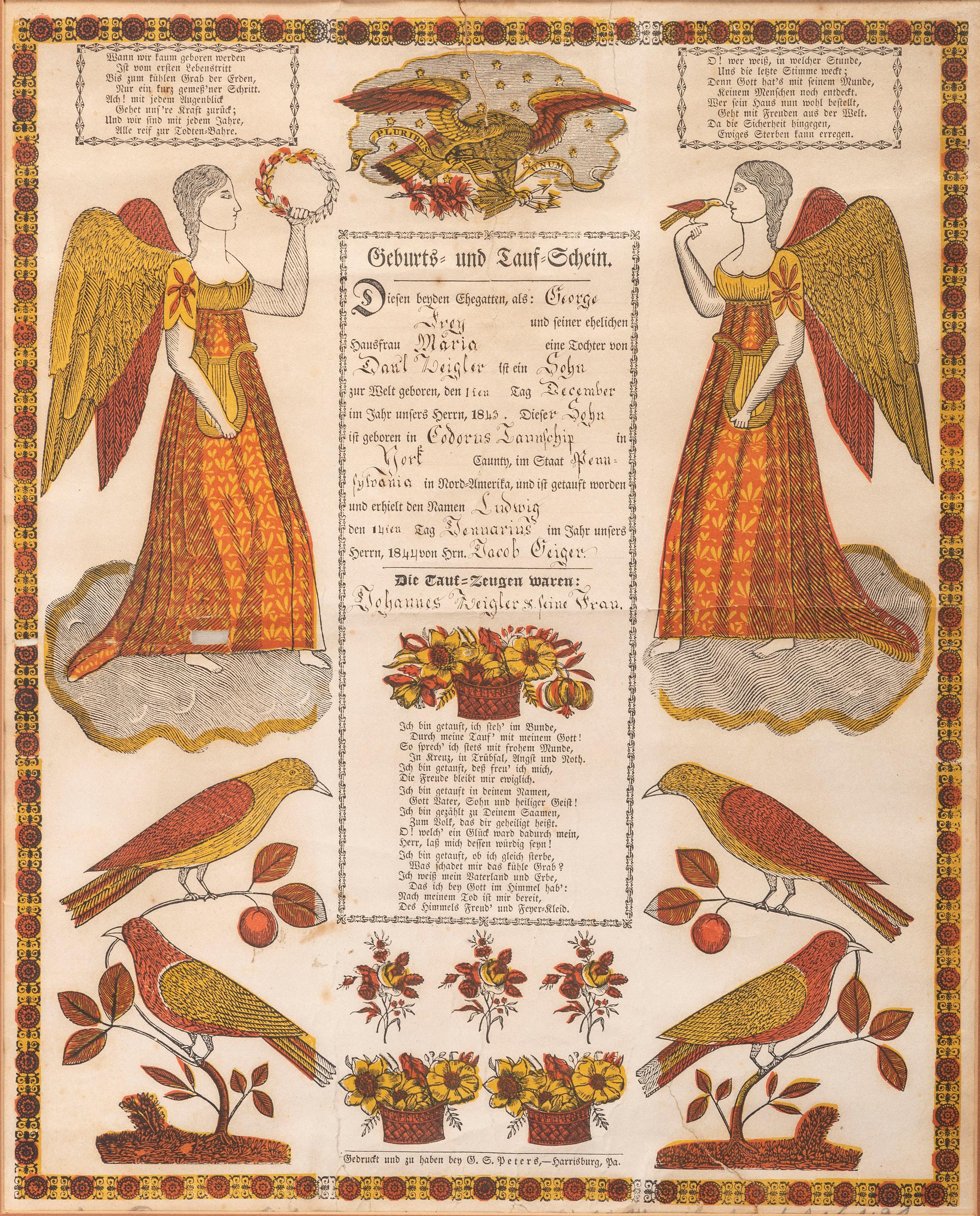 A Partially Printed and Watercolor Decorated Birth and Baptism Fractur Identified to George Frey