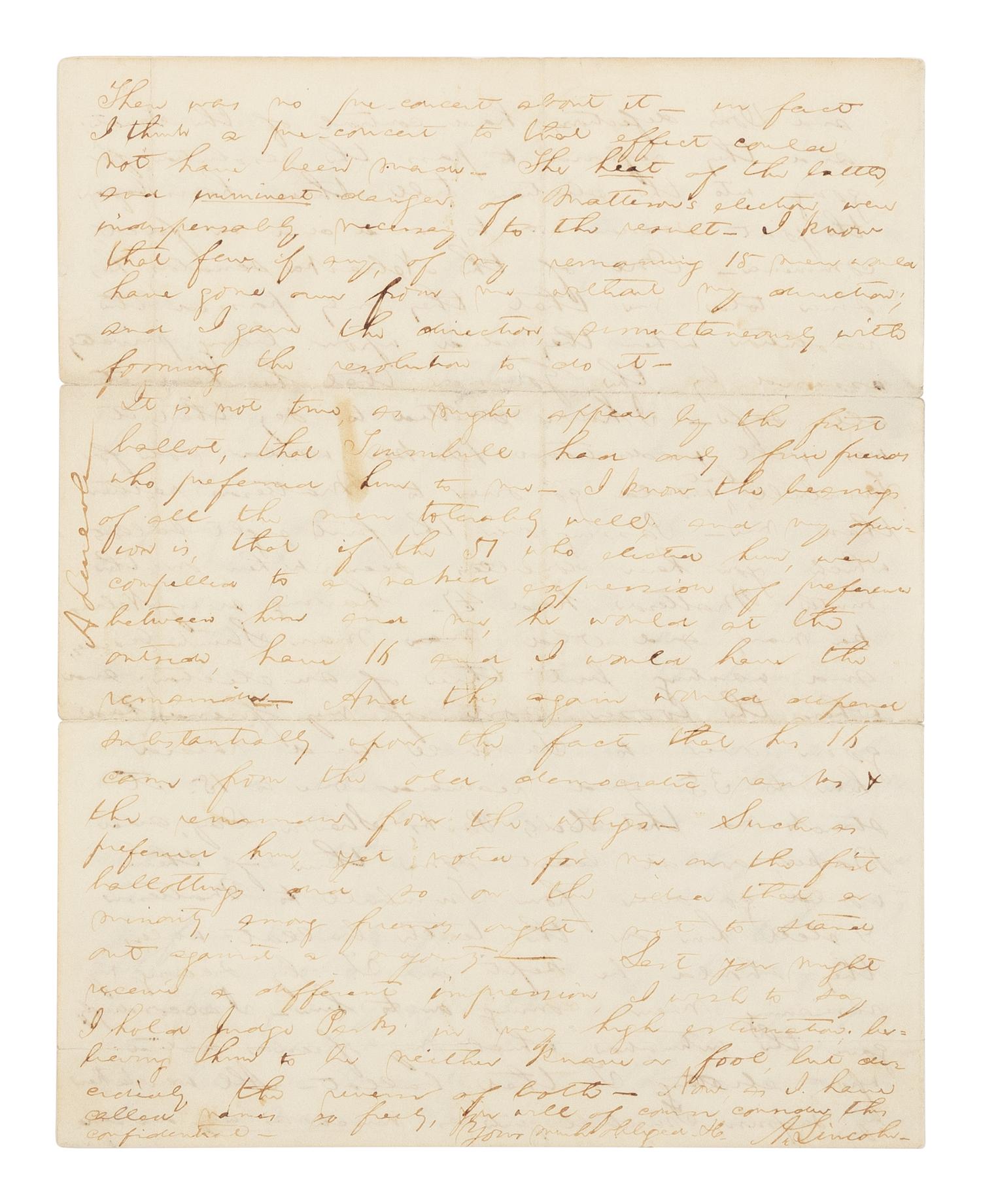 LINCOLN, Abraham (1809-1865). Autograph letter signed ("A. Lincoln") to Jesse O. Norton. Springfield, Illinois, 16 February 1855.