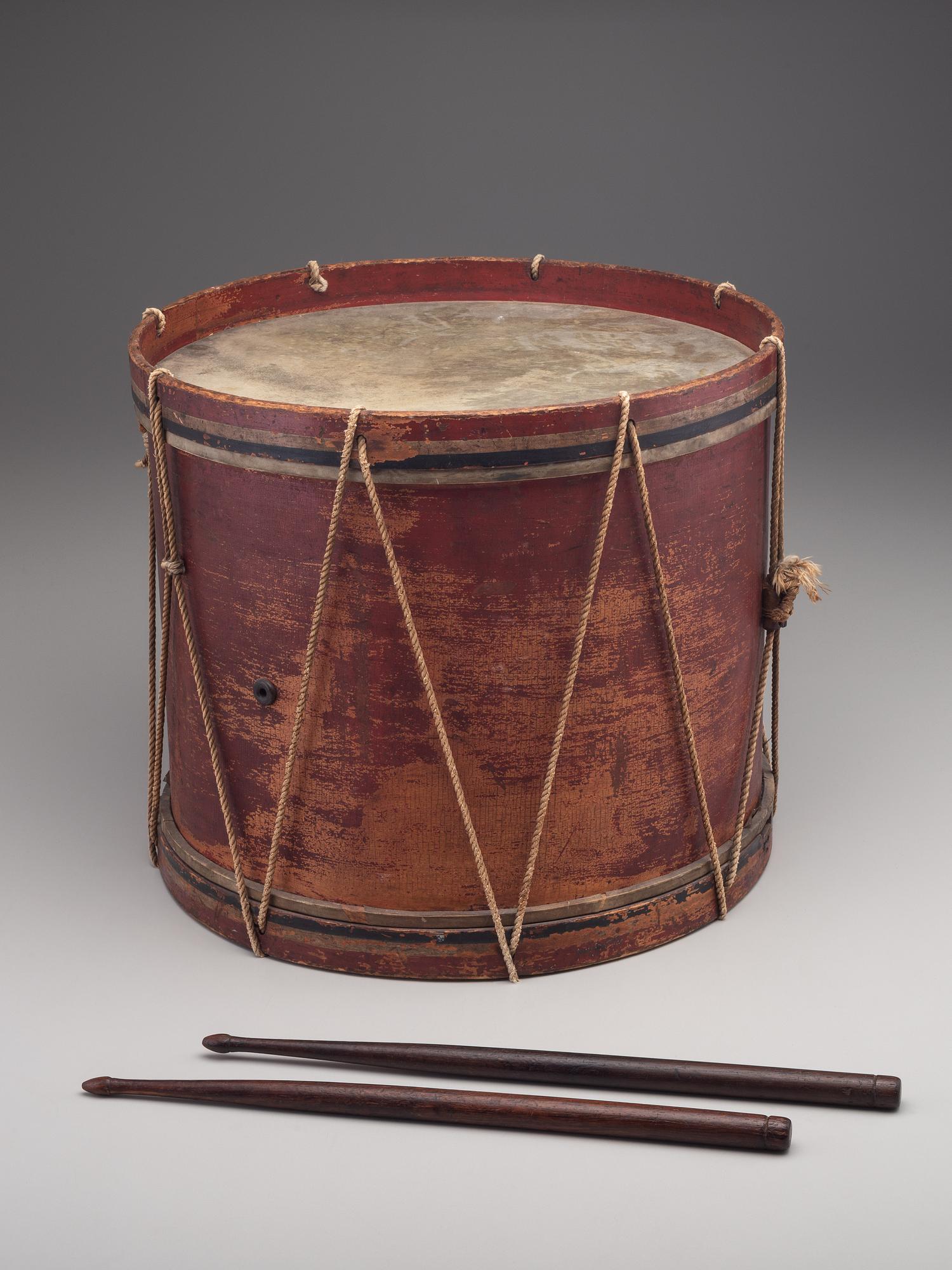 [CIVIL WAR]. E Pluribus Unum red-painted drum featuring eagle motif, with drumsticks.