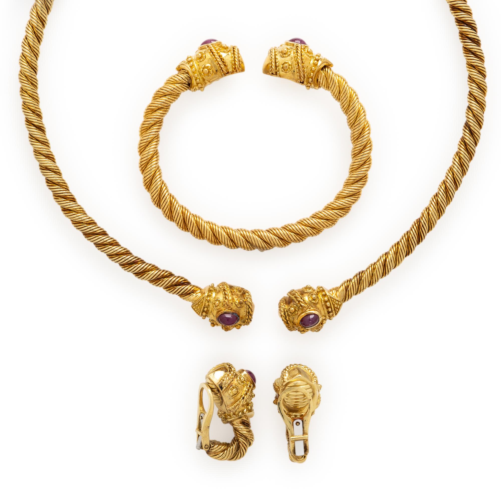 Etruscan Revival Style Ruby and Yellow Gold Jewelry Suite