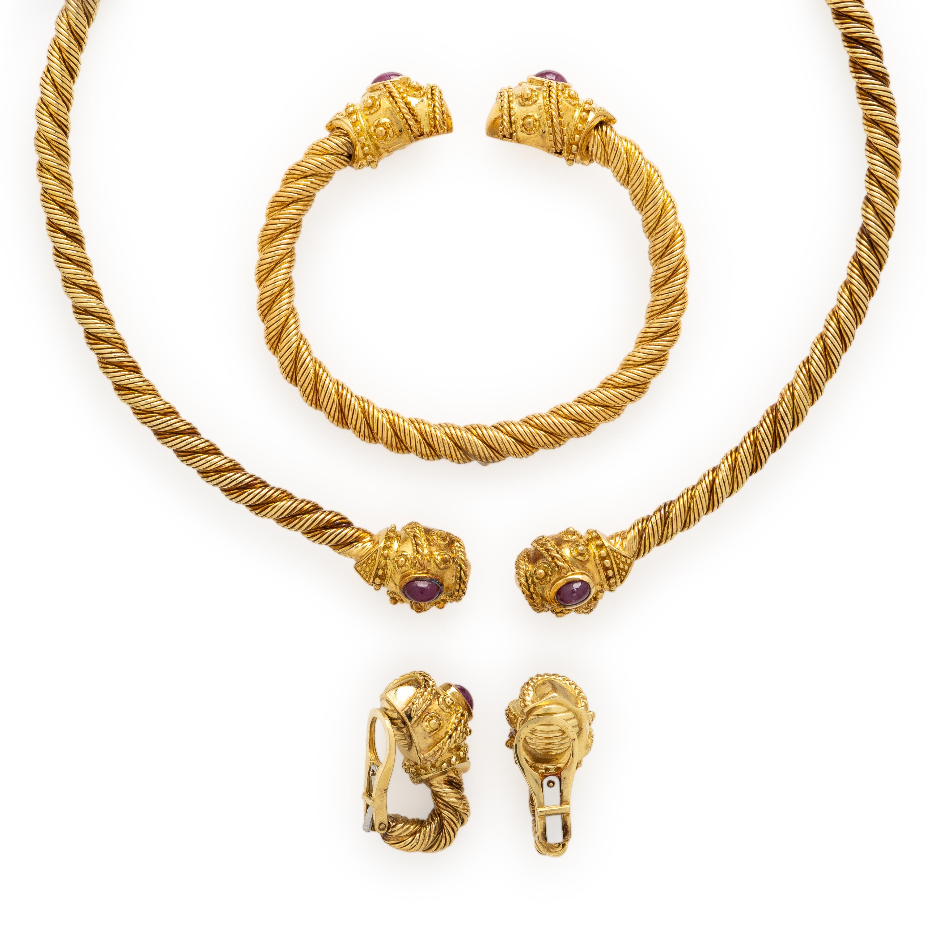Etruscan Revival Style Ruby and Yellow Gold Jewelry Suite
