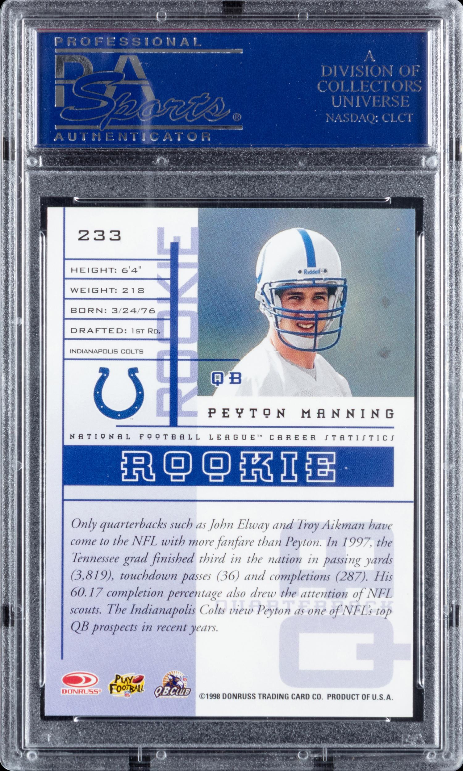 A 1998 Leaf Rookies and Stars Peyton Manning Rookie Football Card No. 233 (PSA 10 GEM MINT)