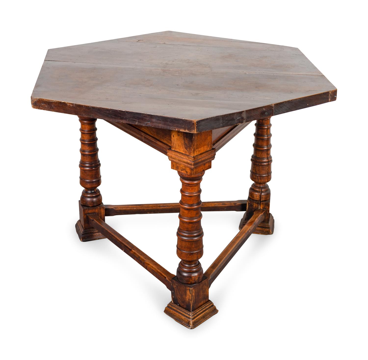 An Italian Baroque Style Walnut Hexagonal Table on Tripartite Base — 19TH CENTURY