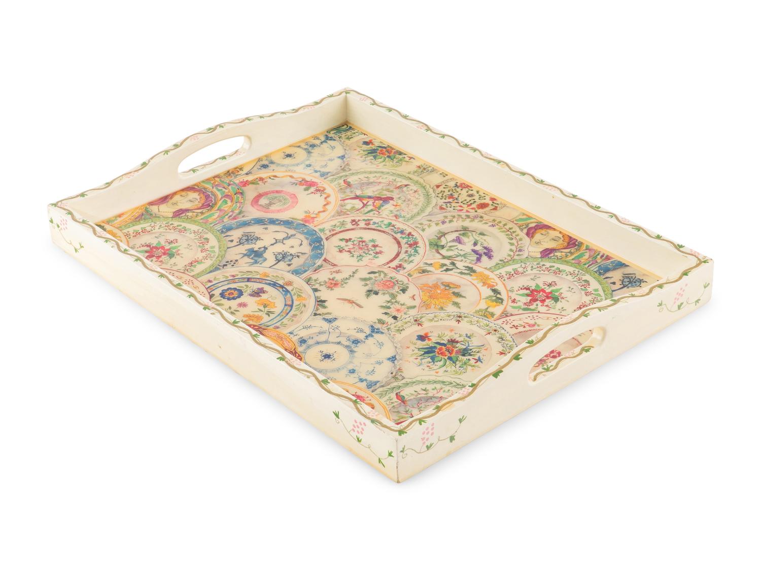 A Printed and Painted Wood Tray