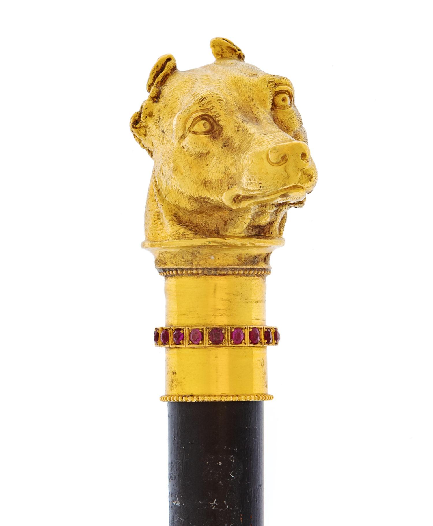 A Continental High-Karat Gold and Ruby-Inset Zoomorphic Walking Stick