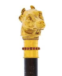 A Continental High-Karat Gold and Ruby-Inset Zoomorphic Walking Stick