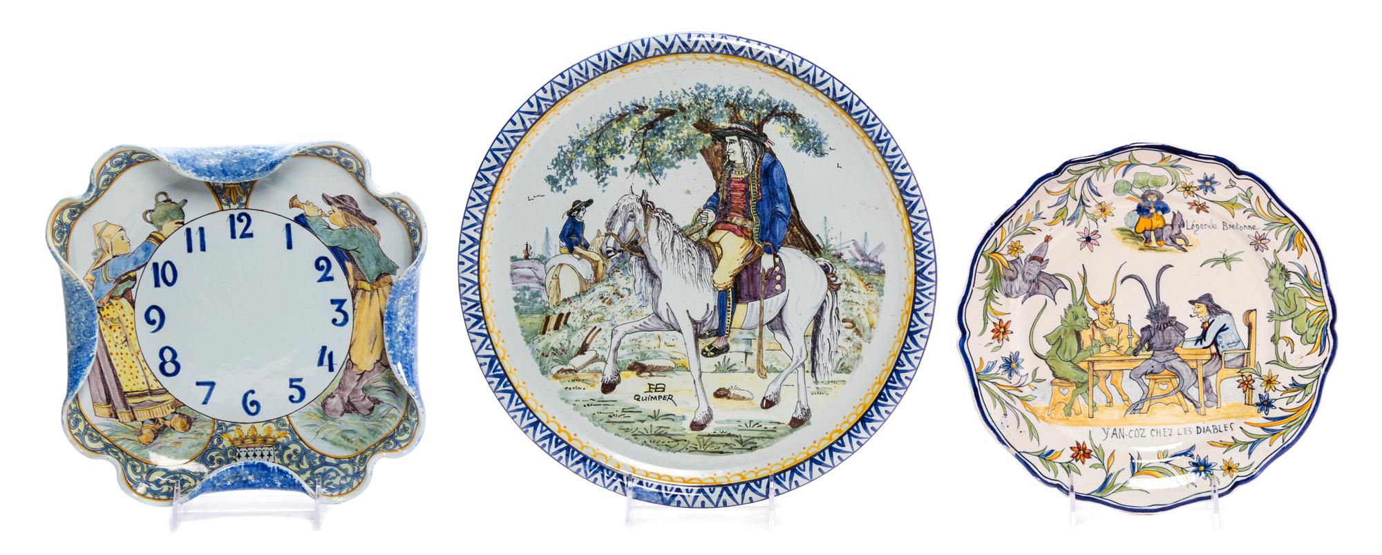 A Group of Three Quimper Pottery Plates Diameter of largest 12 1/2 inches.
