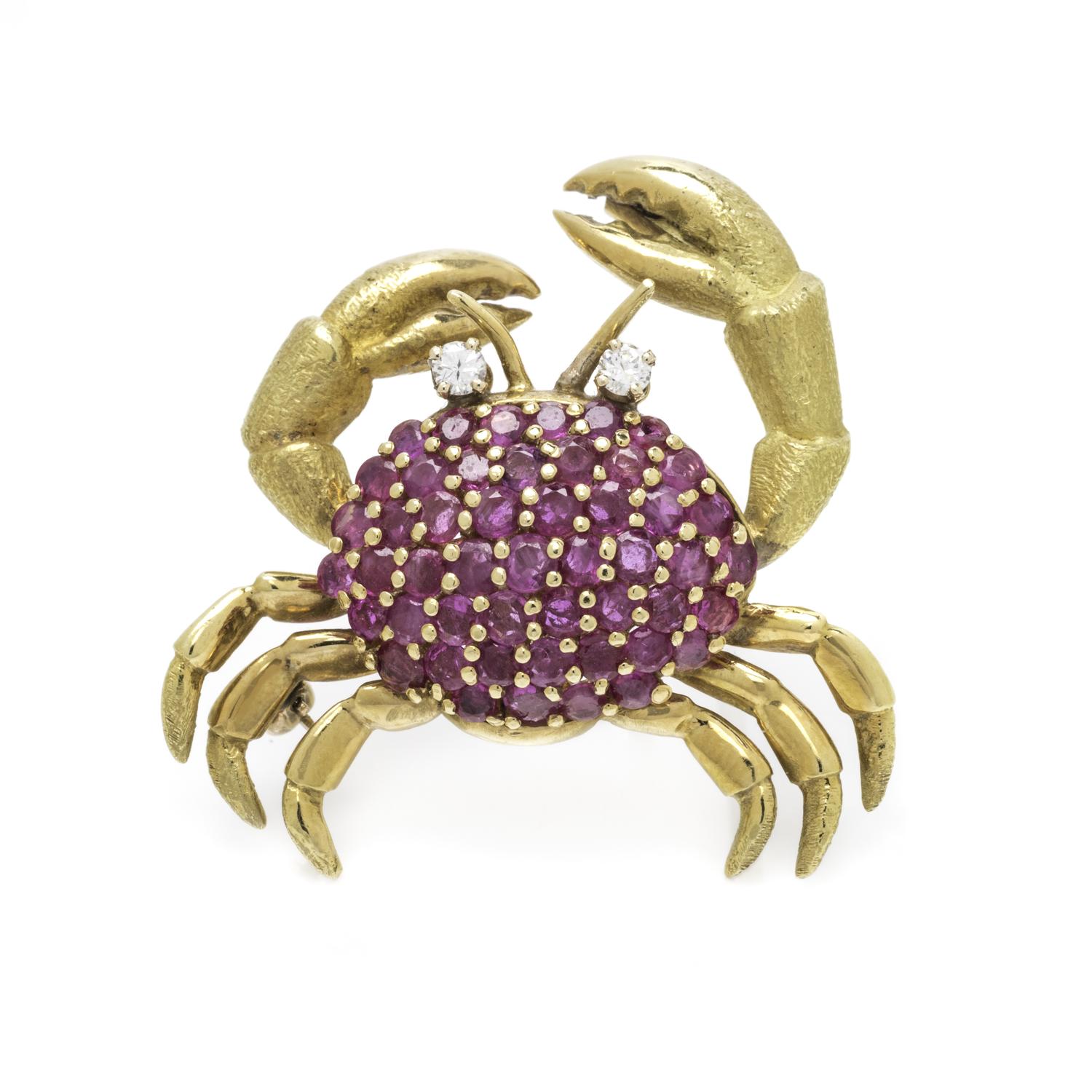 TIFFANY & CO., YELLOW GOLD, RUBY AND DIAMOND CRAB BROOCH