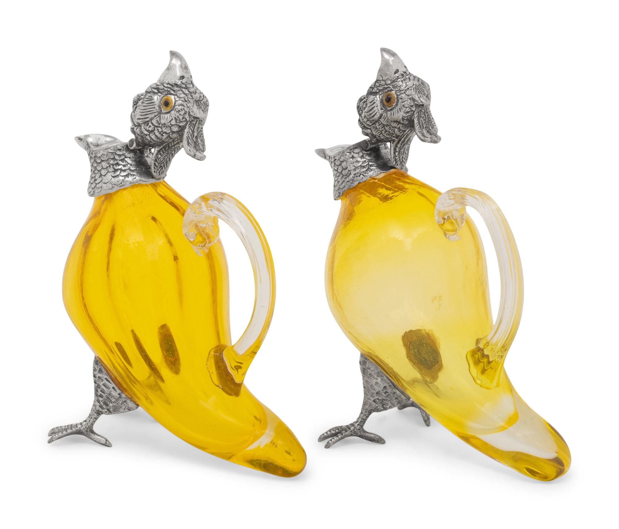A Pair of Silver-Plate and Yellow Glass Pheasant Decanters