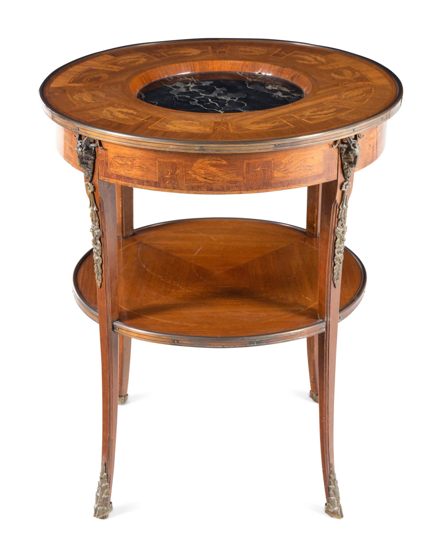 A Louis XVI Style Bronze Mounted Marquetry Marble-Inset Side Table