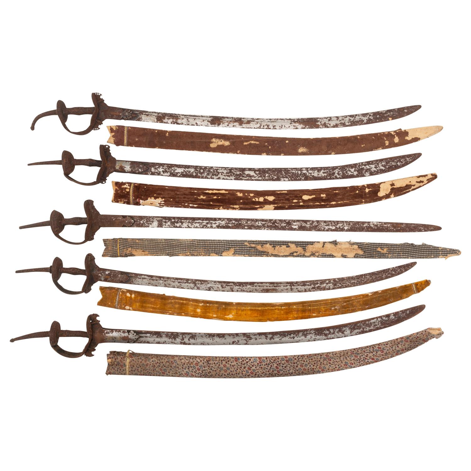 Lot of 5 Indian Khanda Swords with Textile Wrapped Scabbards