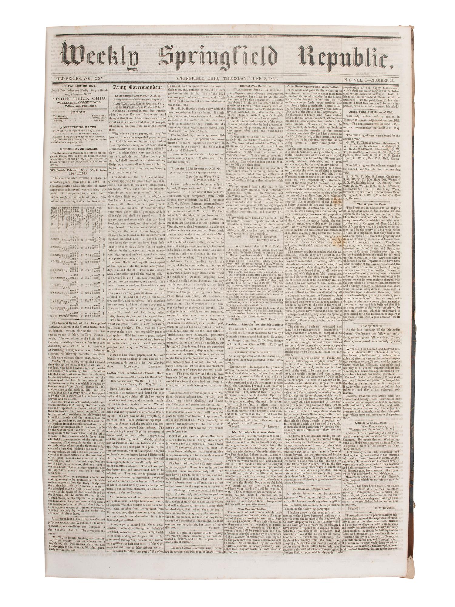 [CIVIL WAR]. Cincinnati Daily Gazette . 318 issues in 2 bound volumes. [ With :] Springfield Weekly Republic . 122 issues. Springfield, OH, 1864-1865. and Lancaster Gazette . 95 issues. Lancaster, OH, 1866-1867.