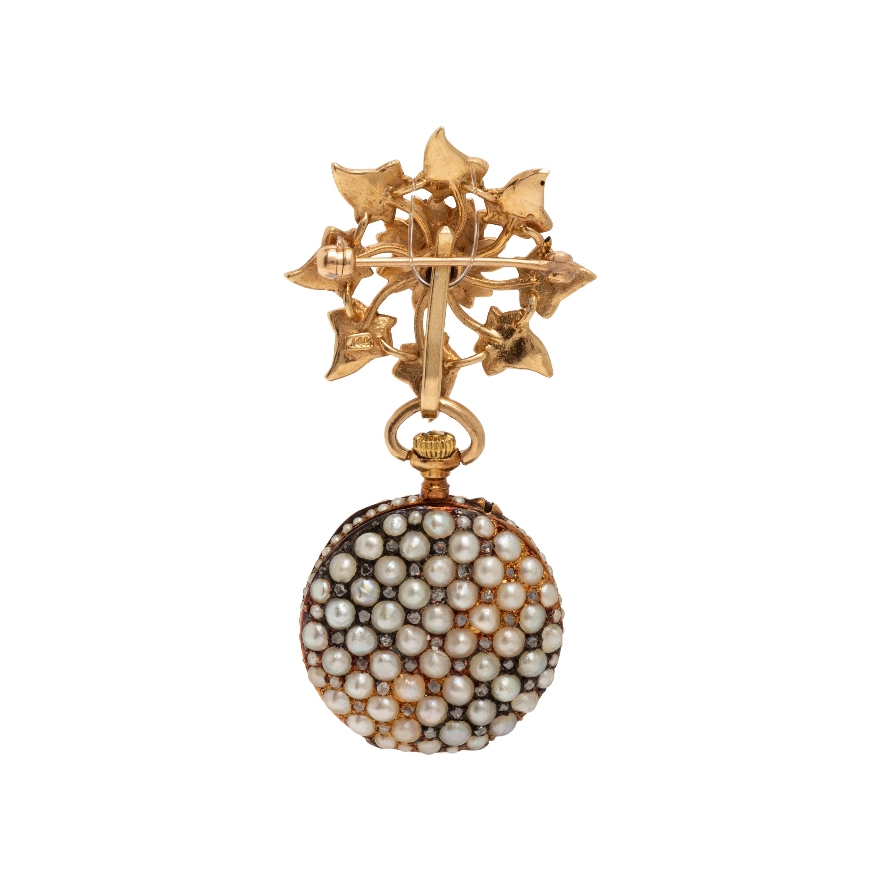Seed Pearl, Diamond, and Yellow Gold Lapel Watch