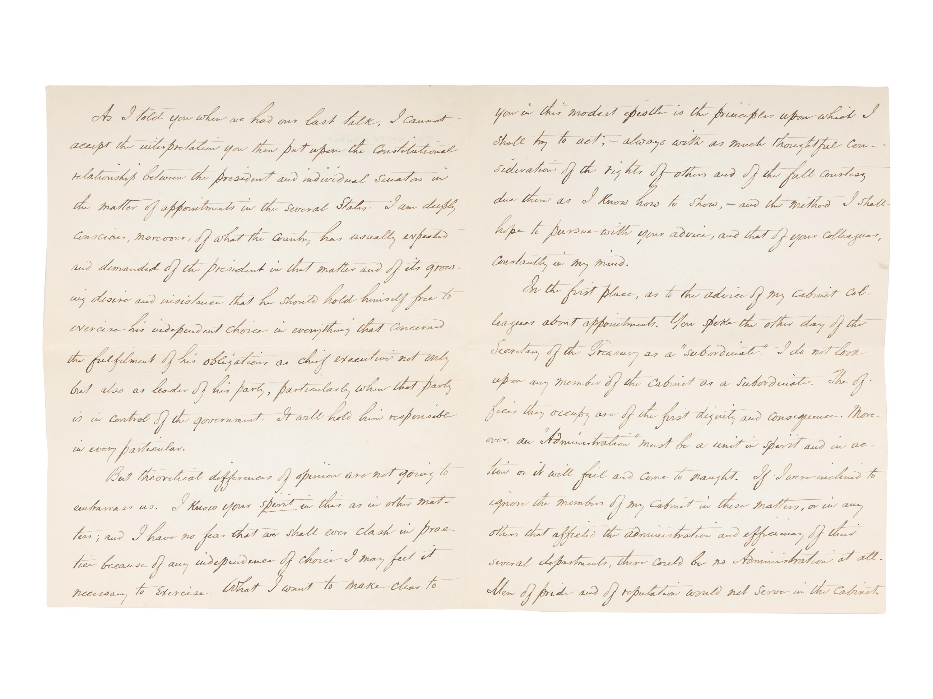 WILSON, Woodrow (1856-1924). Two autograph letters signed, as President, to Senator James A. O'Gorman, 20 April and 5 May 1913, regarding the appointment of the Collector of the Port of New York, comprising: