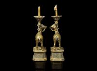 A pair of Chinese huangtong "Deer" lamps, Qing dynasty 鹿形燭臺一對 清