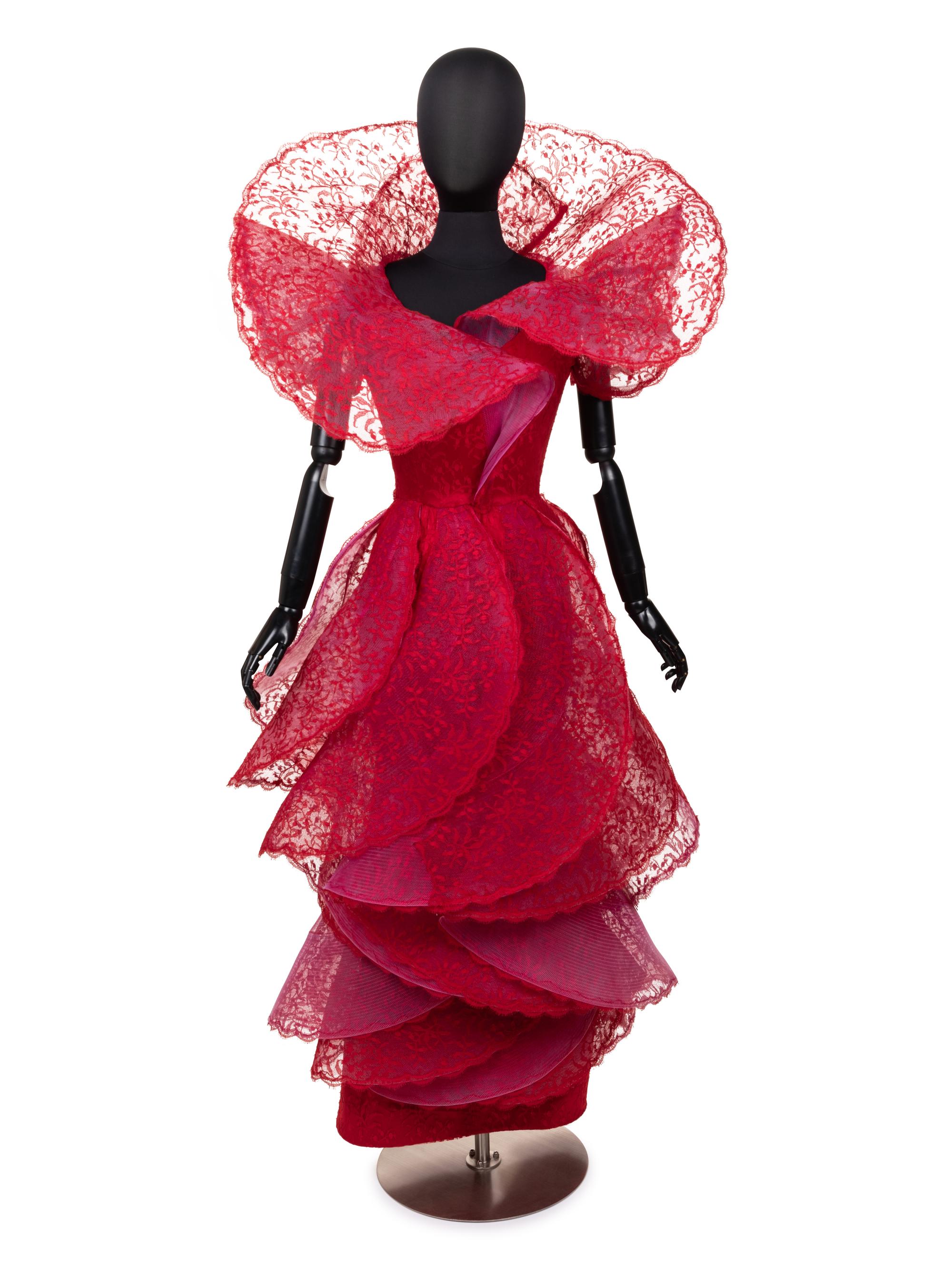 Pierre Cardin Haute Couture Tiered Flounce Lace Dress, 1987
