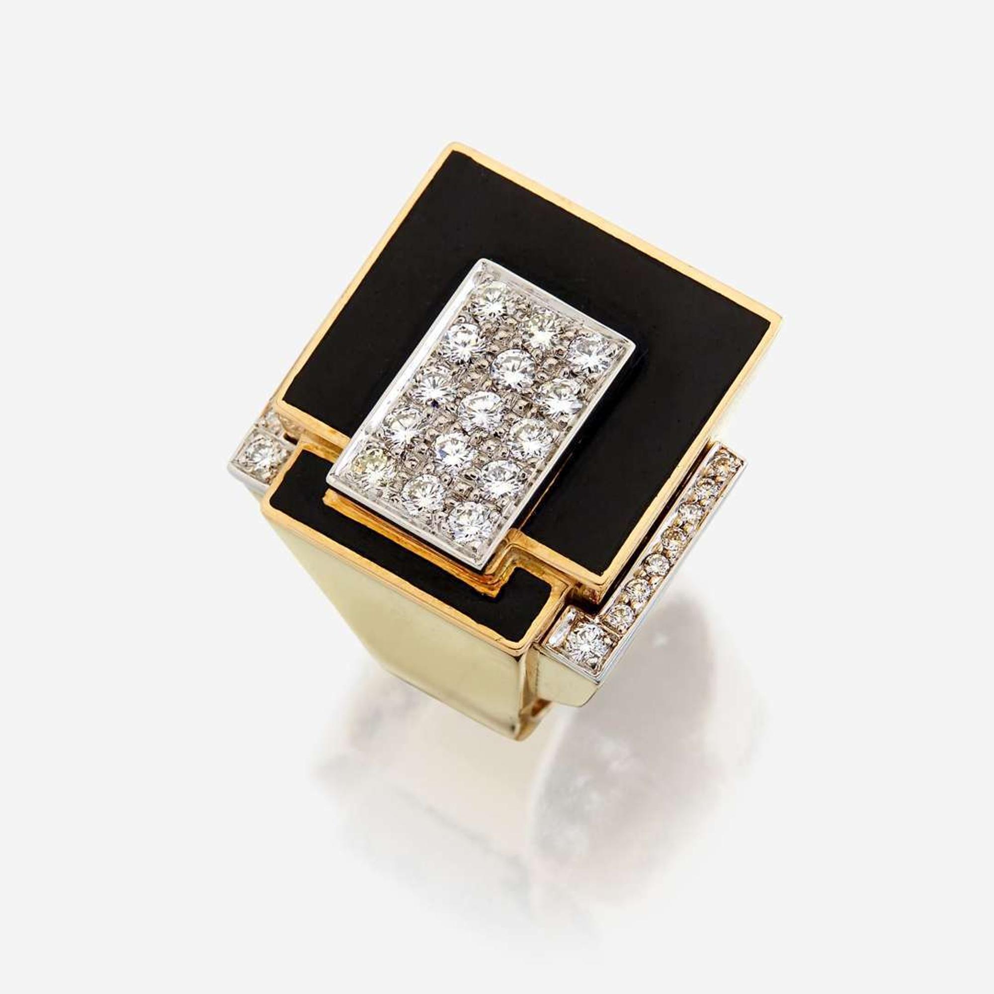 An eighteen karat gold, platinum, enamel, and diamond ring, David Webb
