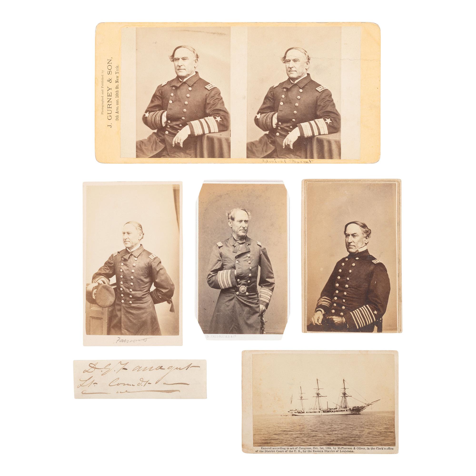 [Civil War] Farragut, David G. Clipped Signature and Five Photographs of Farragut and the USS Hartford