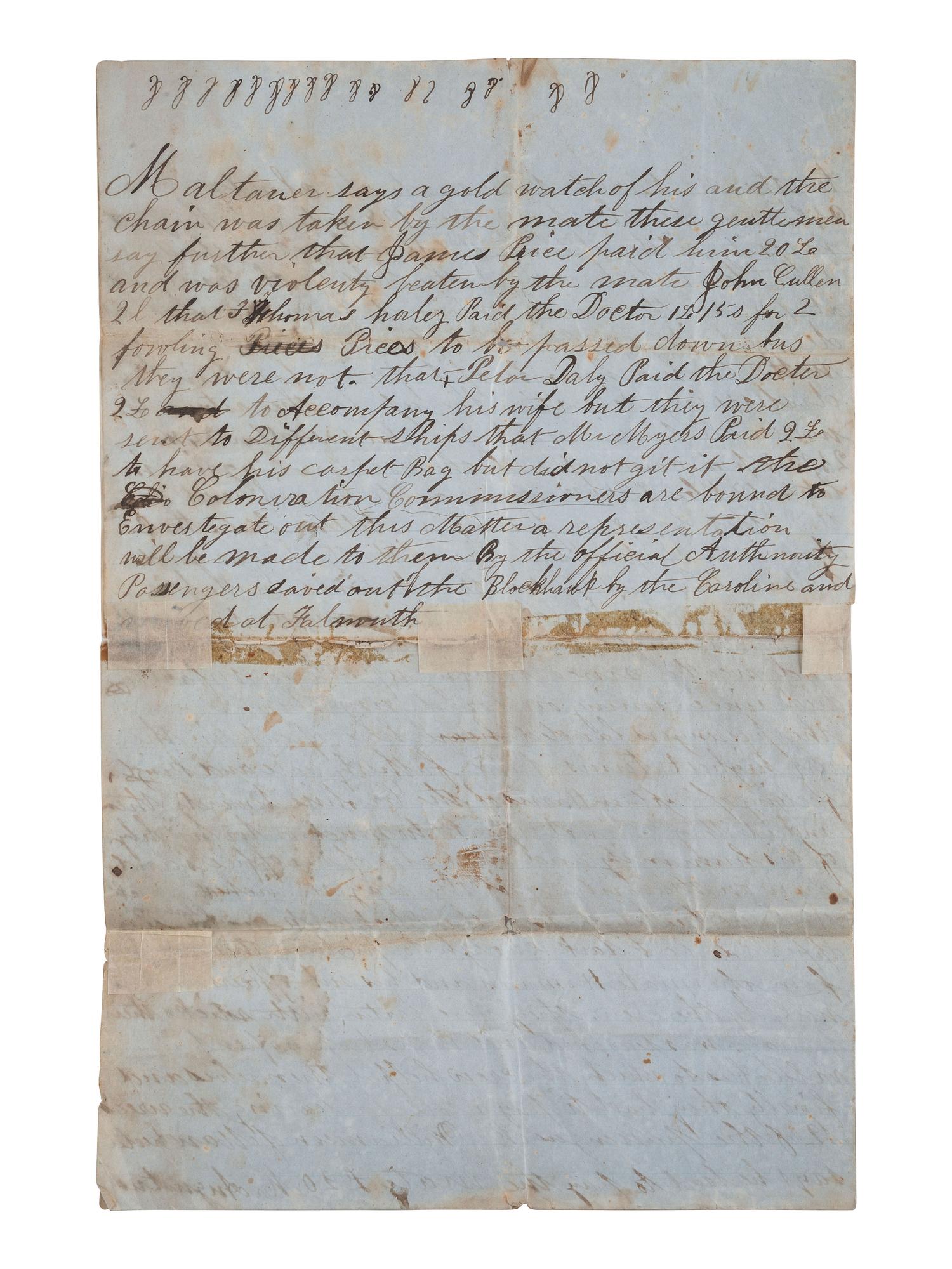 [SHIPWRECK]. Manuscript letter describing a shipwreck involving the barque Caroline . Ca 1830s.
