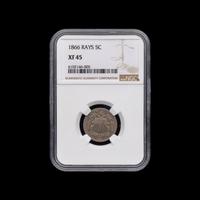 An 1866 Shield : Rays 5c Coin [NGC XF45]