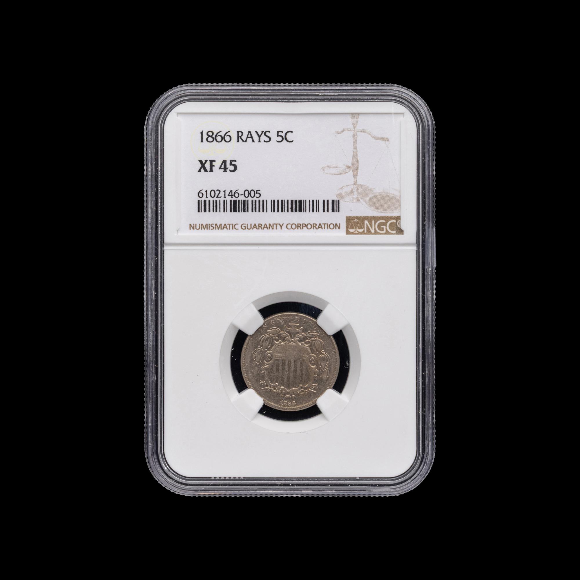 An 1866 Shield : Rays 5c Coin [NGC XF45]