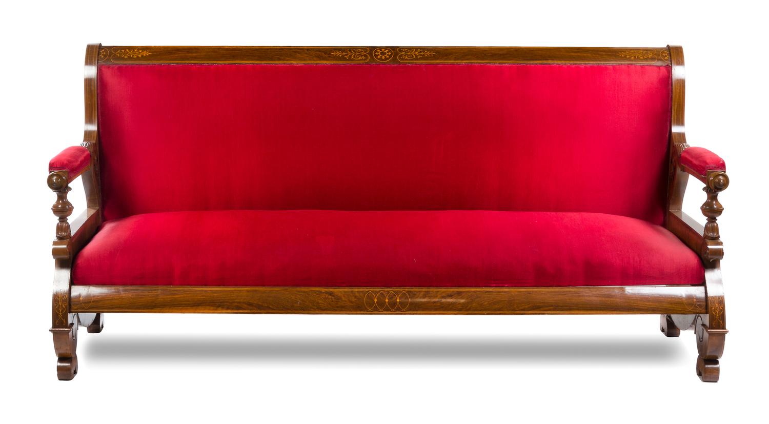 An Italian Satinwood Inlaid Walnut Sofa Height 41 x width 84 x depth 20 1/2 inches. — 19TH CENTURY
