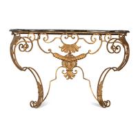 A Pair of Gilt Iron and Faux Marble-Top Console Tables