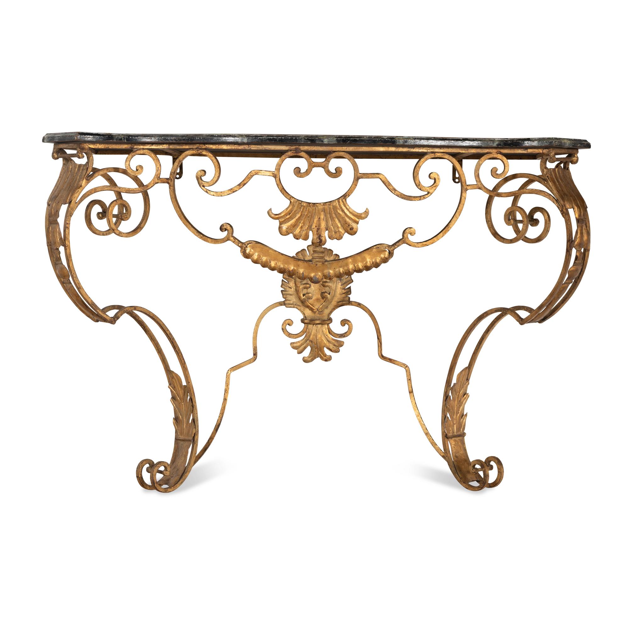 A Pair of Gilt Iron and Faux Marble-Top Console Tables