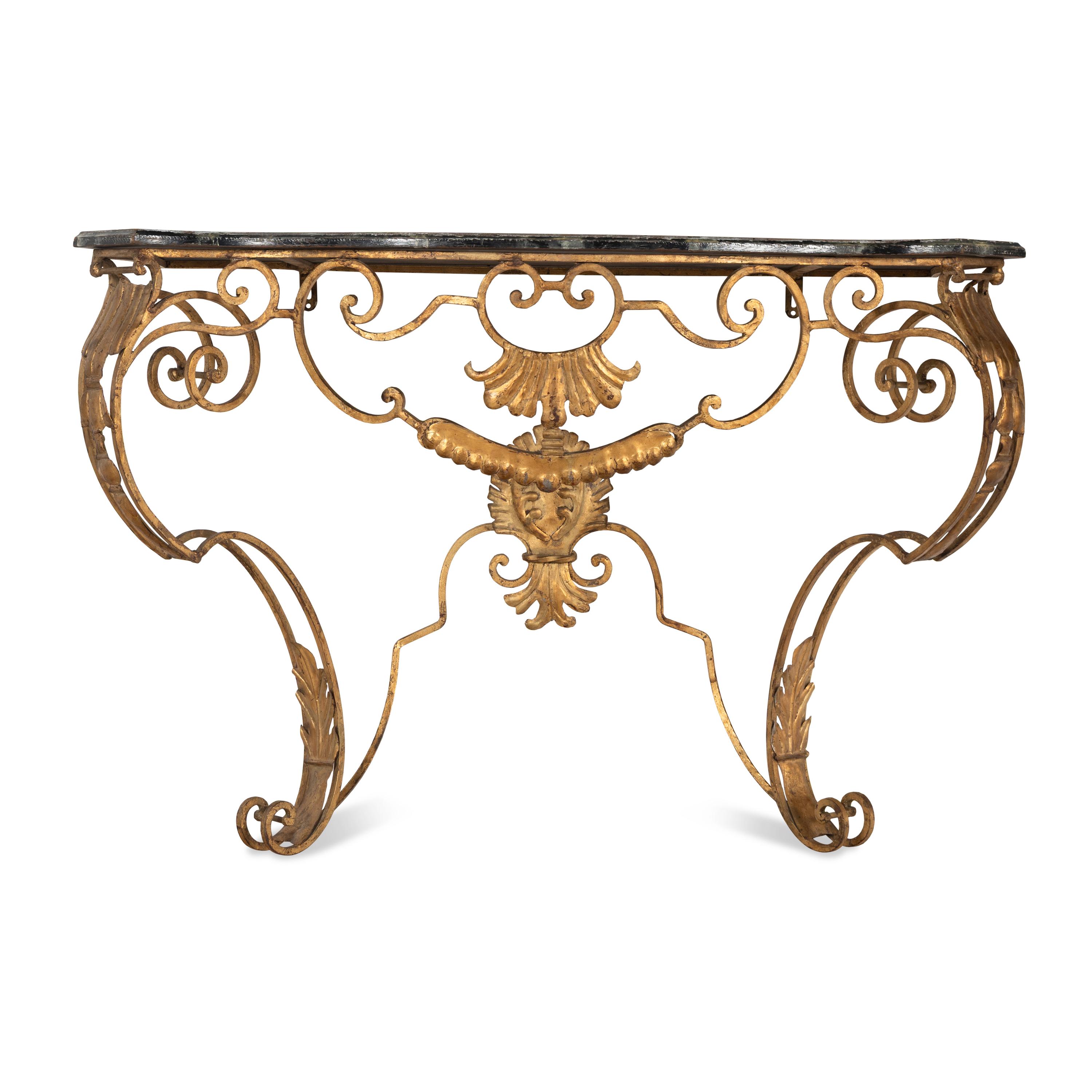A Pair of Gilt Iron and Faux Marble-Top Console Tables