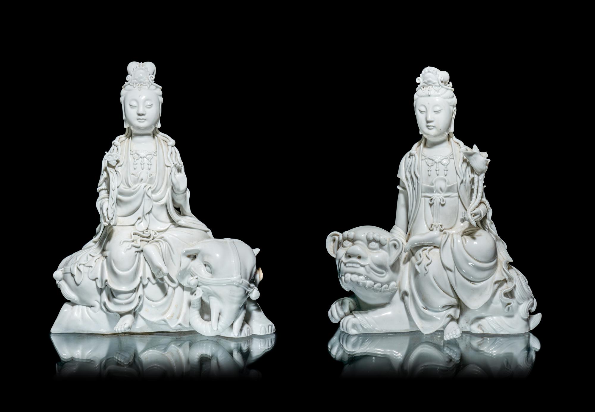 A Pair of Chinese Blanc-de-Chine Porcelain Figures of Guanyin