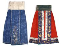 A Group of Two Chinese Pleated Silk Skirts, Length of longest 39 inches.