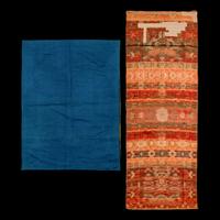 Two Chinese Silk Rectangular Panels, 19th Century 清晚期 織錦壽字紋椅披及石青緞牡丹紋綉片一幅