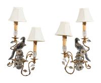 A Pair of Maison Baguès Gilt Metal and Glass Two-Light Parrot and Urn Sconces