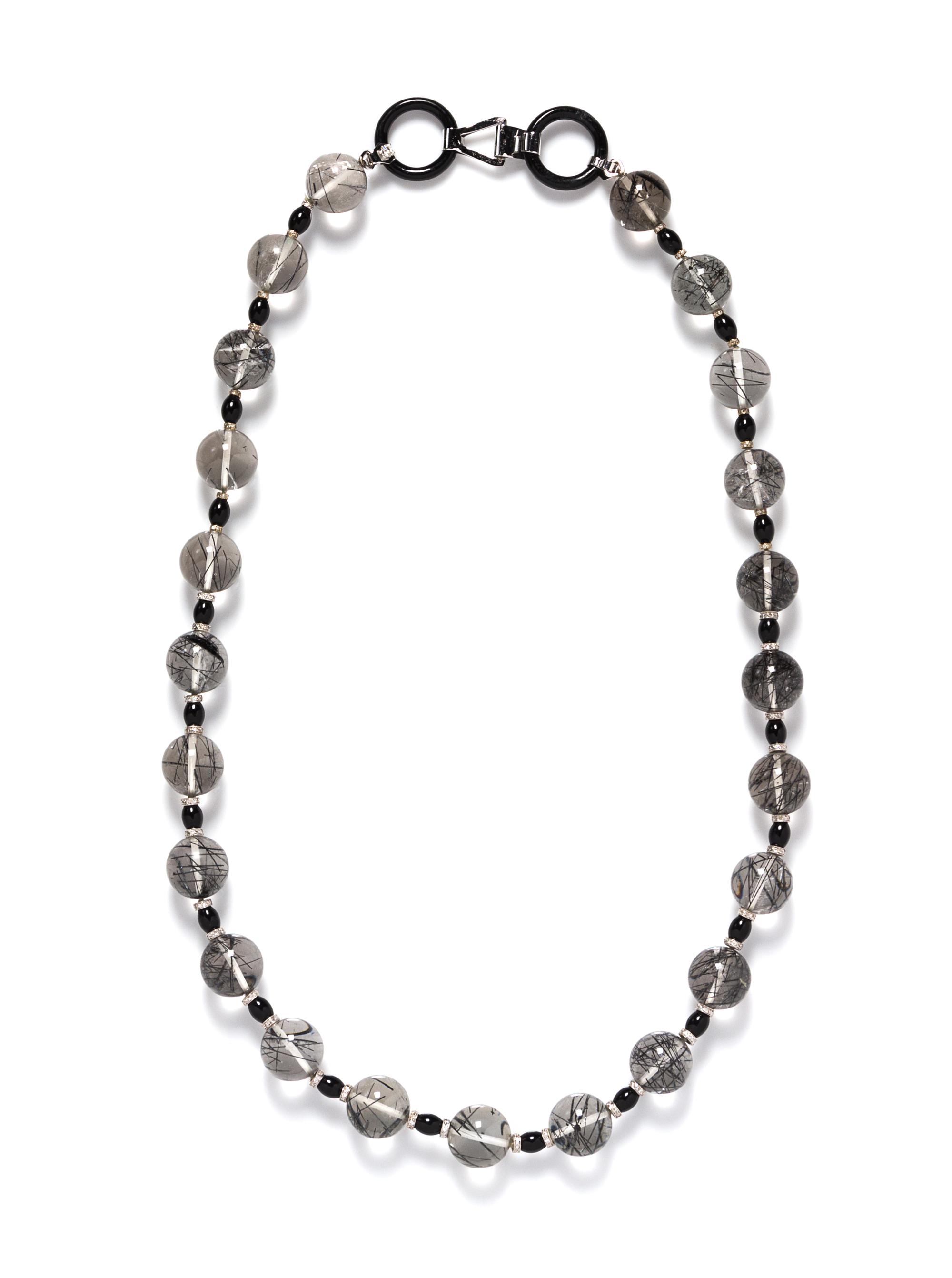 An 18 Karat White Gold, Onyx, Diamond and Tourmalinated Quartz Bead Necklace,