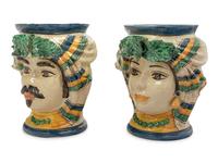 A Pair of Italian Polychrome Glazed Pottery Figural Vases