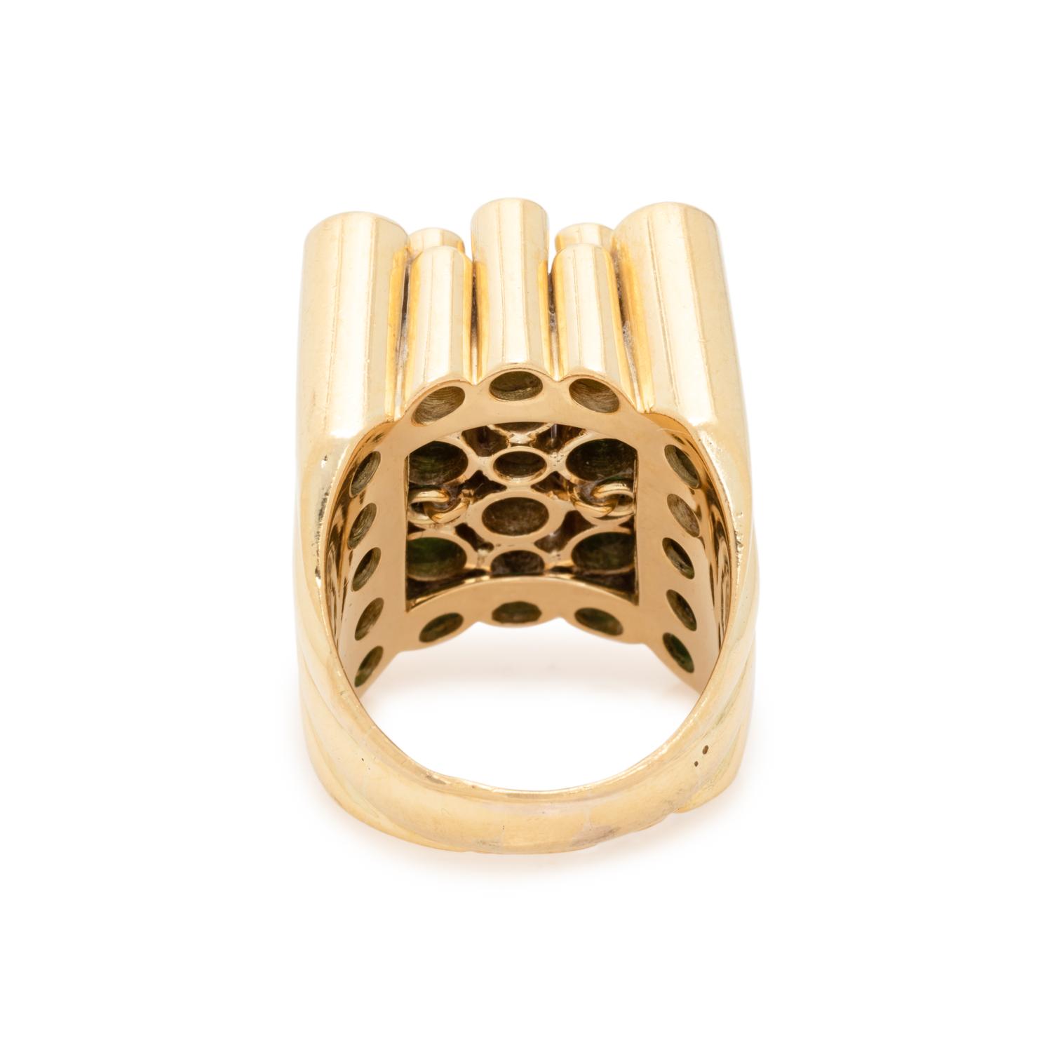 MODERNIST, YELLOW GOLD AND SYNTHETIC EMERALD RING
