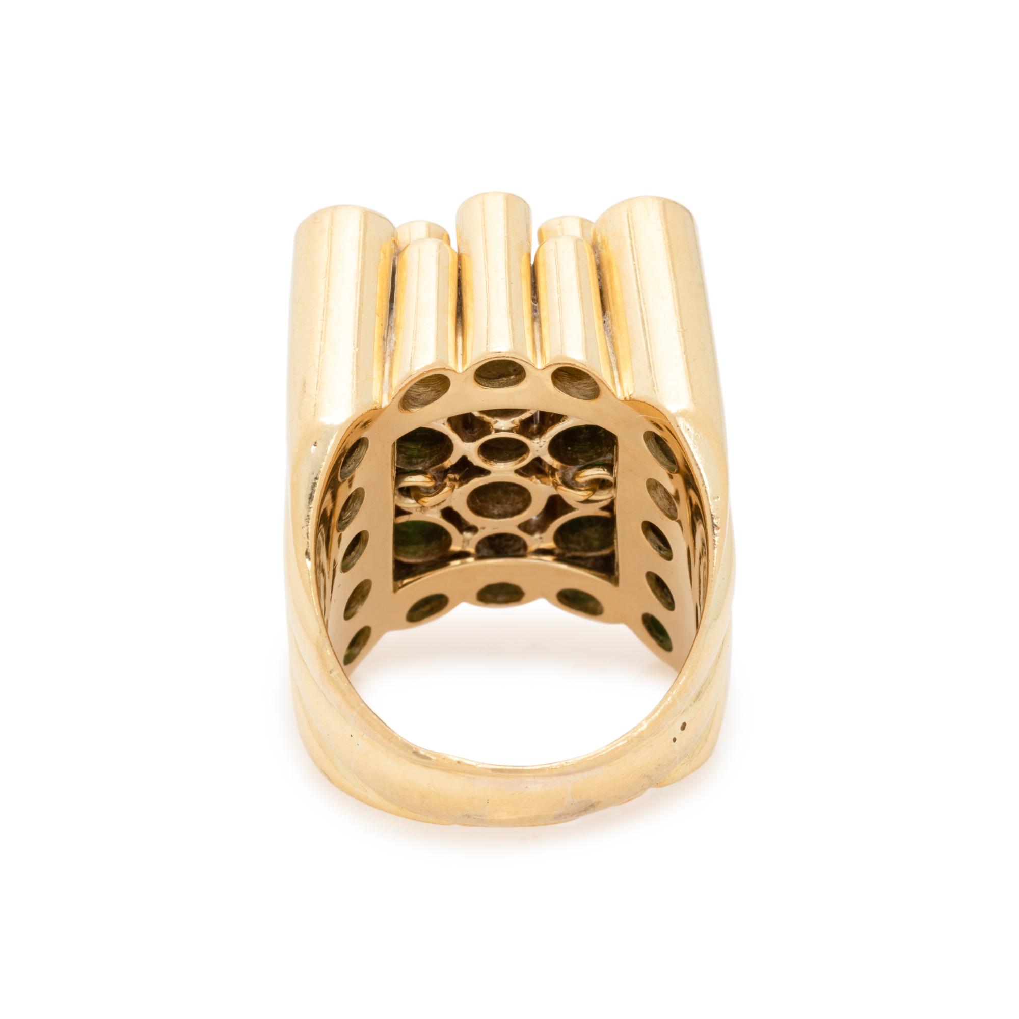 MODERNIST, YELLOW GOLD AND SYNTHETIC EMERALD RING
