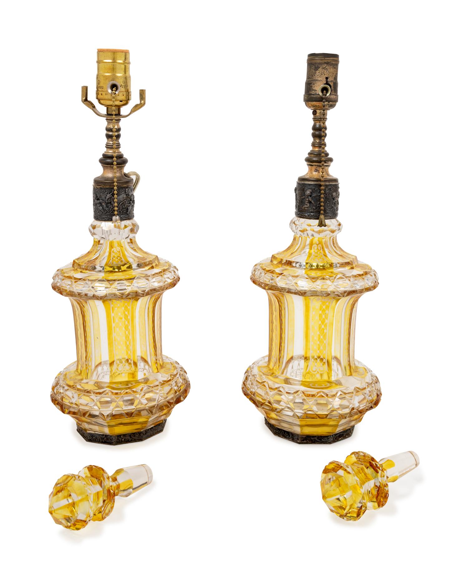 A Pair of Bohemian Amber Cut to Clear Glass Jars Mounted as Lamps