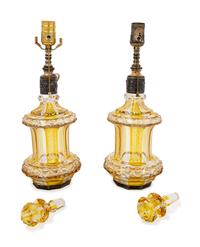 A Pair of Bohemian Amber Cut to Clear Glass Jars Mounted as Lamps