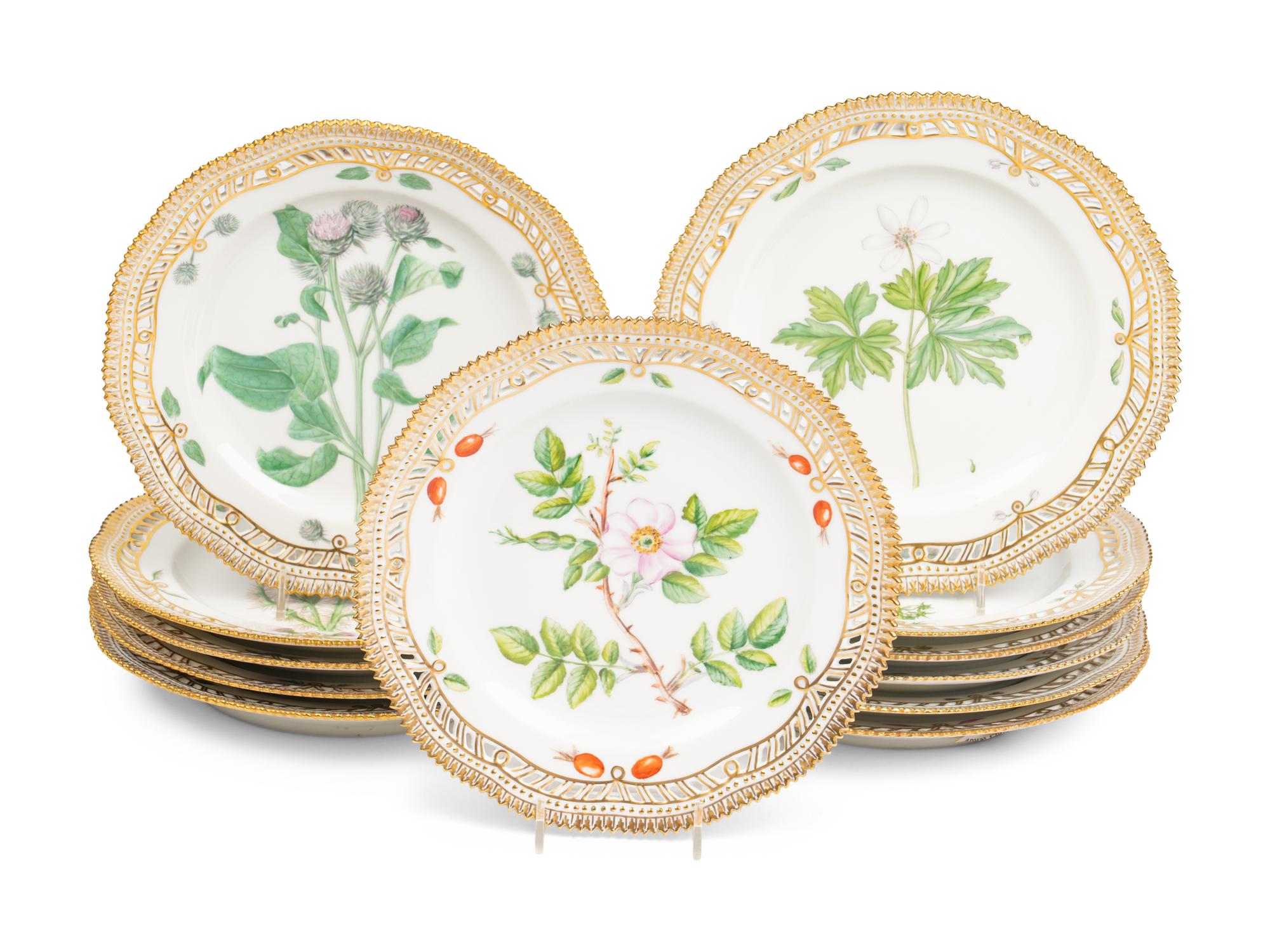A Set of Twelve Royal Copenhagen Flora Danica Reticulated Porcelain Dessert Plates