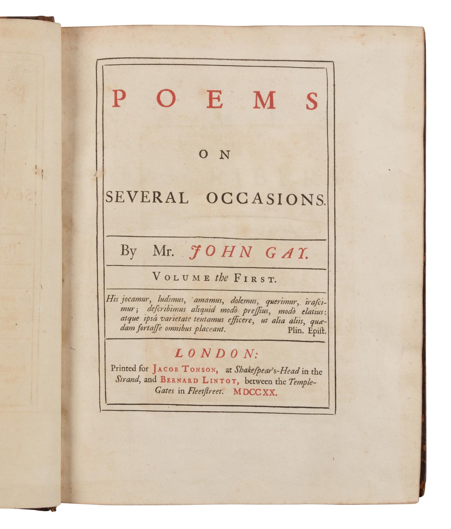 GAY, John (1685-1732). Poems on Several Occasions . London: Printed for Jacob Tonson and Bernard Lintot, 1720.