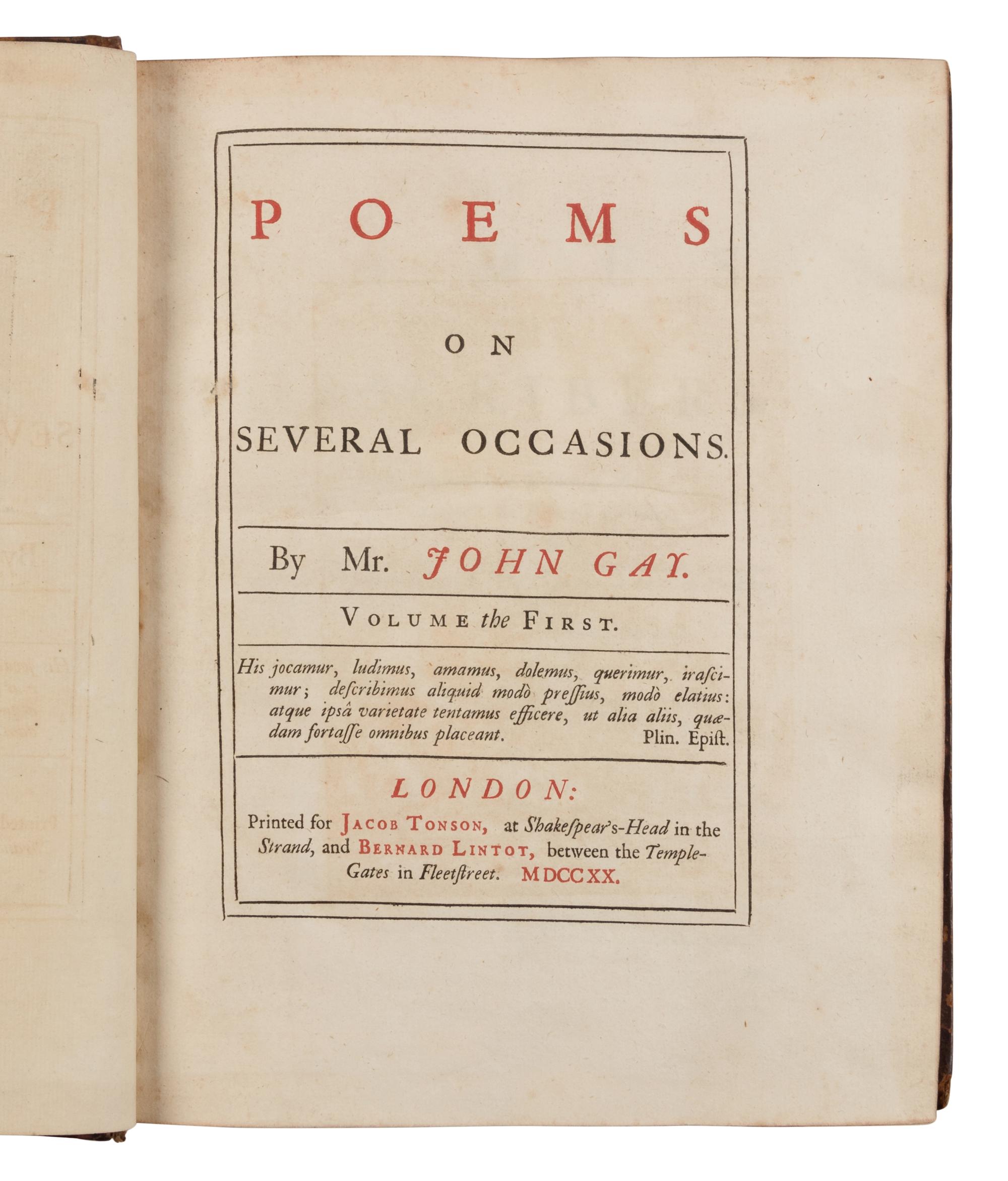 GAY, John (1685-1732). Poems on Several Occasions . London: Printed for Jacob Tonson and Bernard Lintot, 1720.