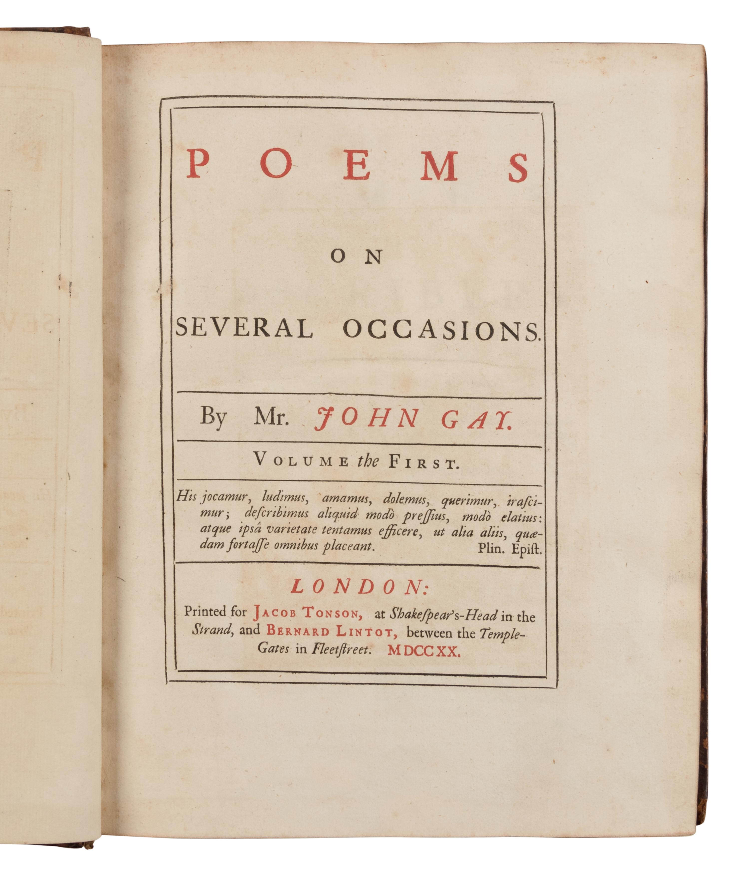 GAY, John (1685-1732). Poems on Several Occasions . London: Printed for Jacob Tonson and Bernard Lintot, 1720.