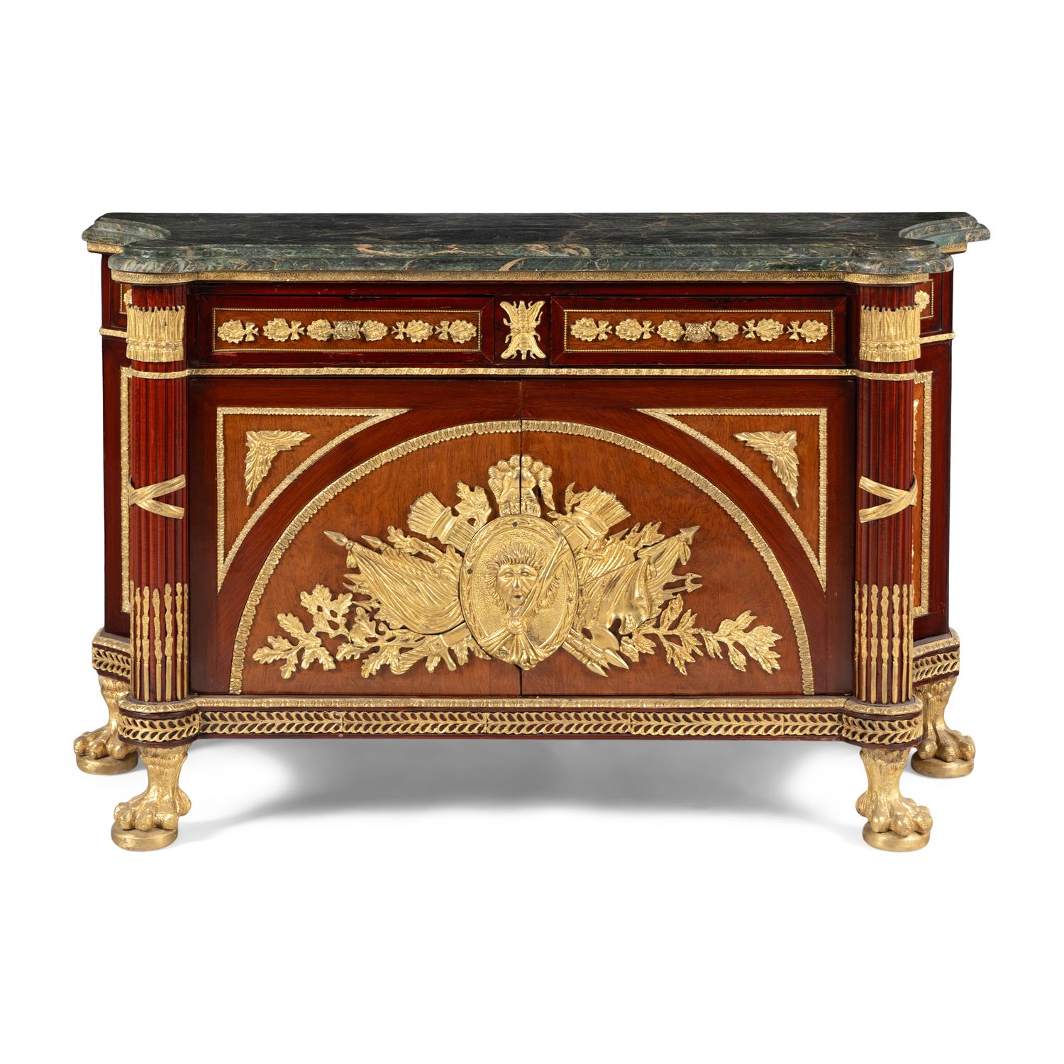 A Louis XVI Style Gilt Bronze Mounted Marble-Top Commode