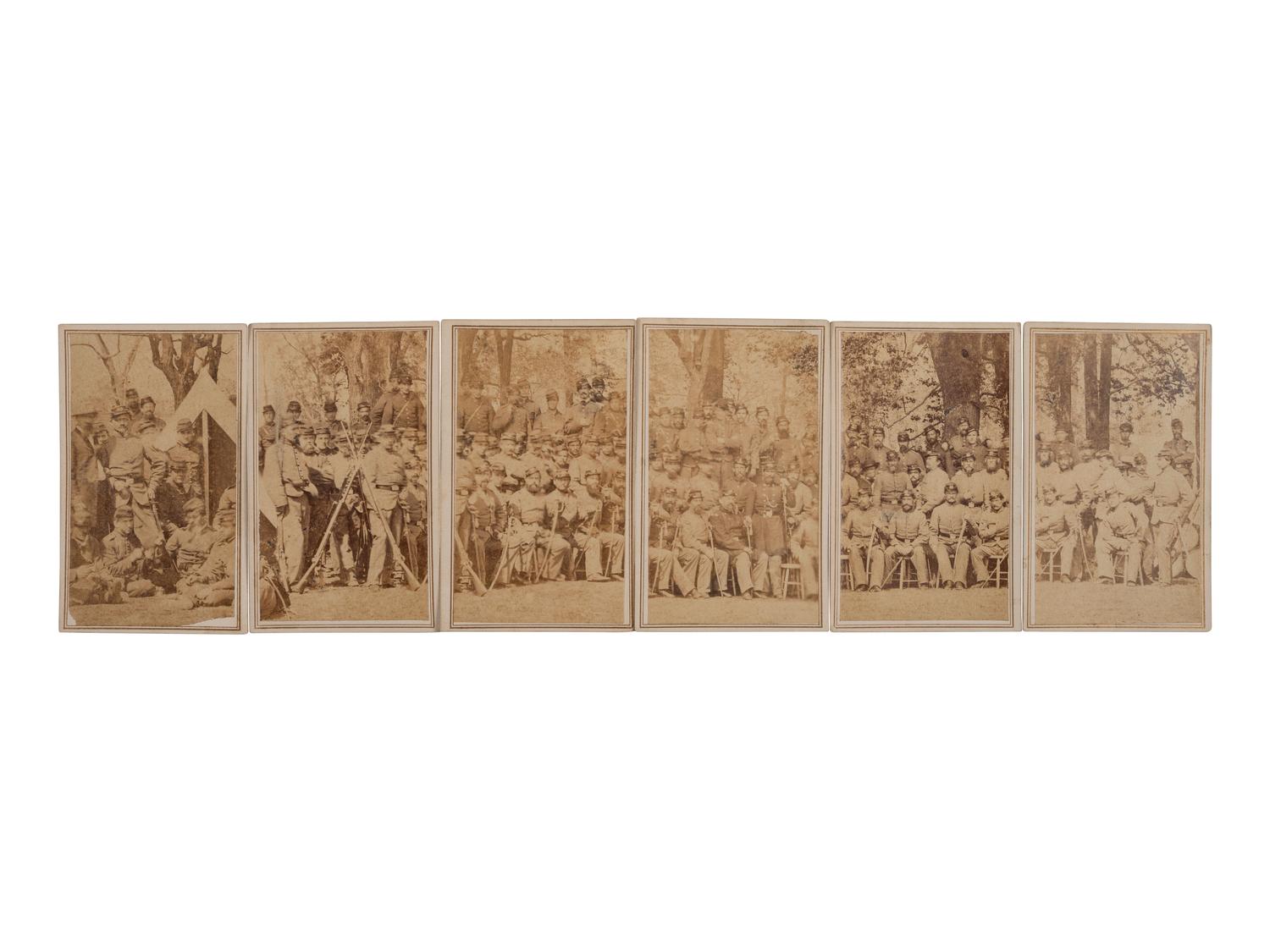 [CIVIL WAR]. 6 CDVs making up a panoramic image of the 7th New York Volunteers, "Steuben Rangers," at camp. New York: Julius Brill.
