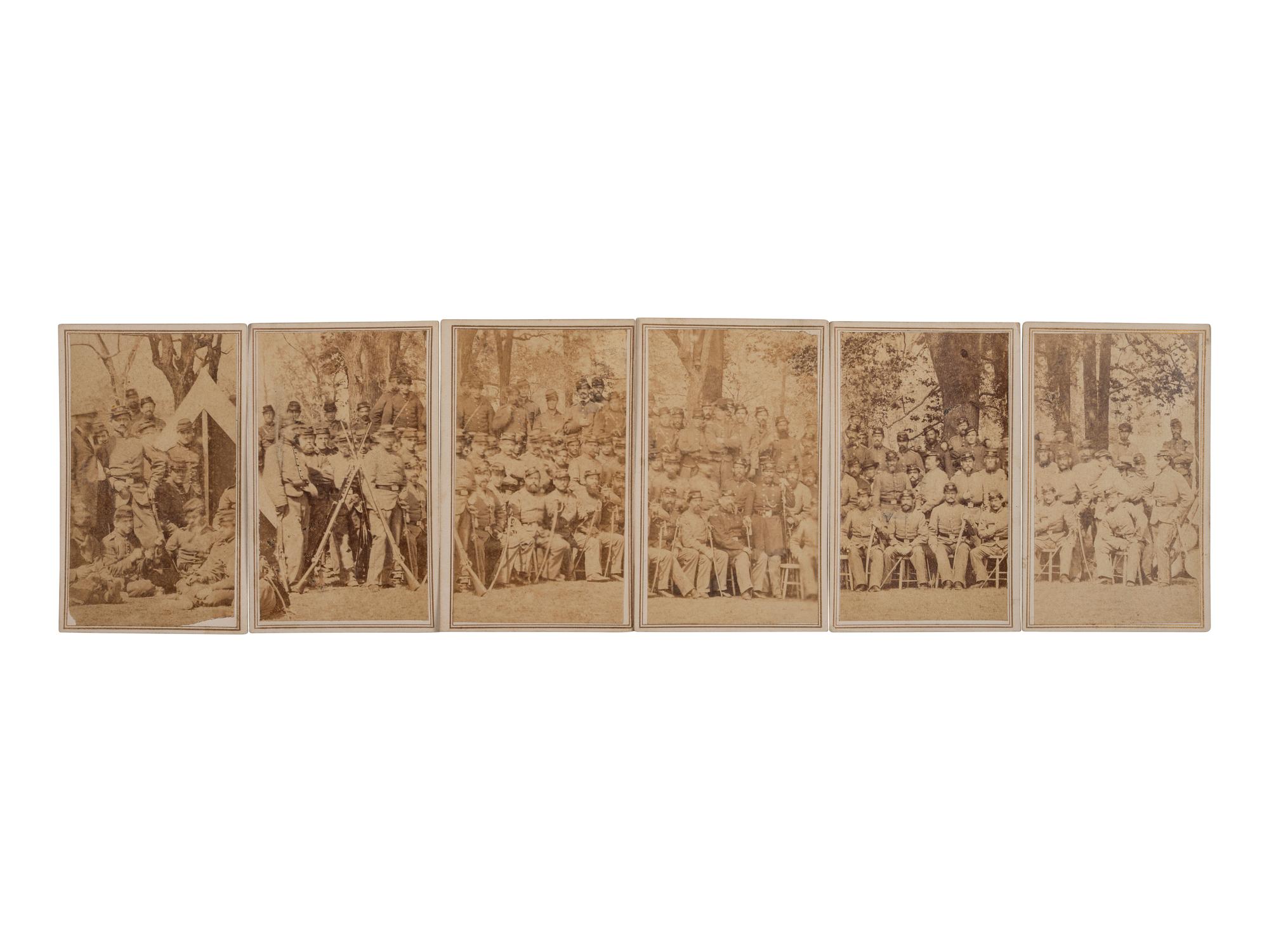 [CIVIL WAR]. 6 CDVs making up a panoramic image of the 7th New York Volunteers, "Steuben Rangers," at camp. New York: Julius Brill.