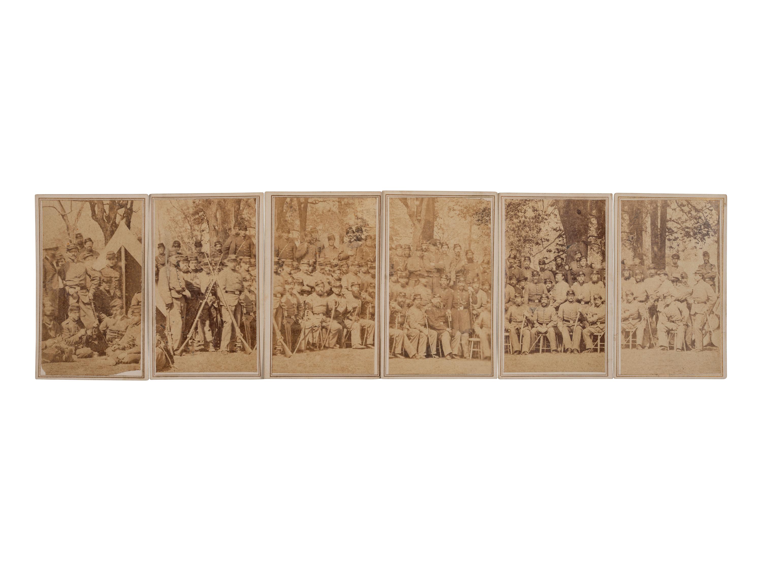 [CIVIL WAR]. 6 CDVs making up a panoramic image of the 7th New York Volunteers, "Steuben Rangers," at camp. New York: Julius Brill.
